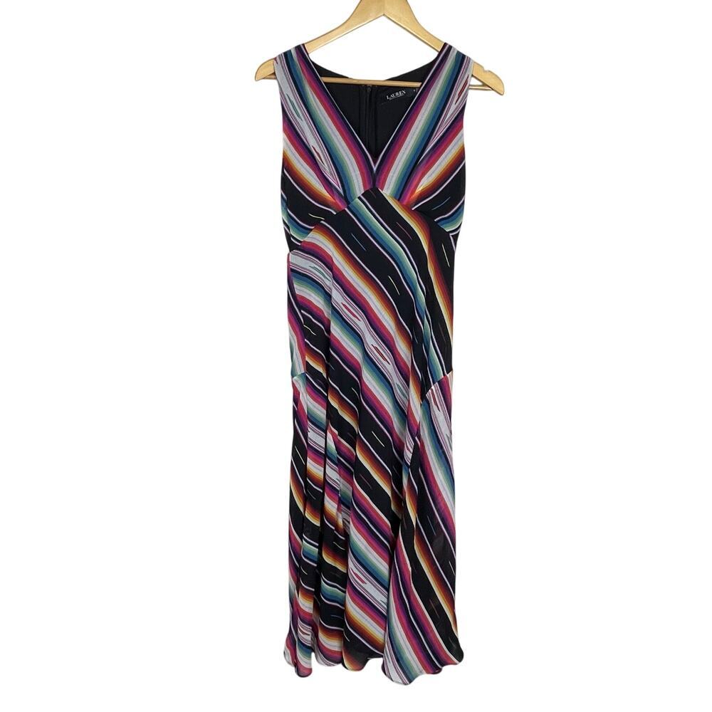 Lauren Ralph Lauren Black Label Dress Size 4 Colorful Stripes Sleeveless‎ V-Neck